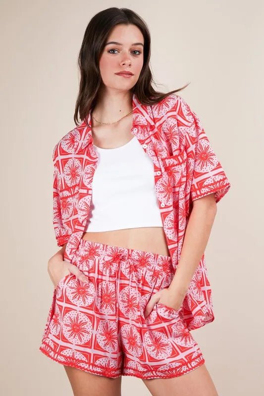 Plus Size Tropical Print Shirt and Shorts Set - AMVIM