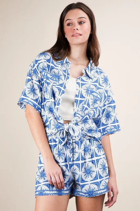 Plus Size Tropical Print Shirt and Shorts Set - AMVIM