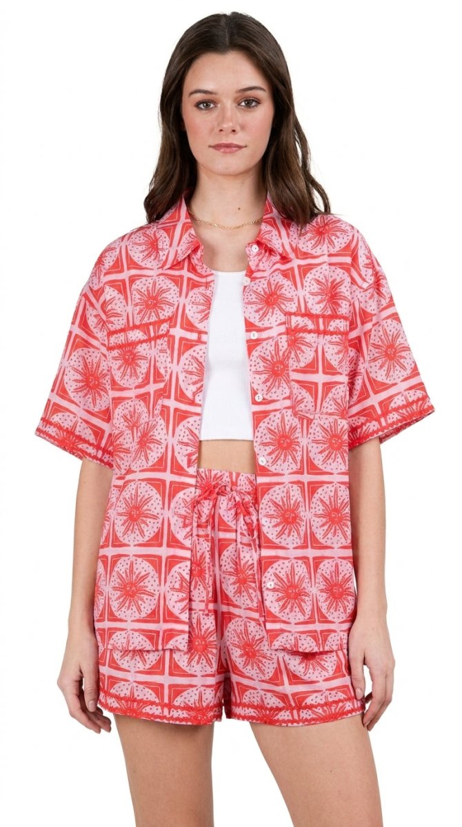 Plus Size Tropical Print Shirt and Shorts Set - AMVIM
