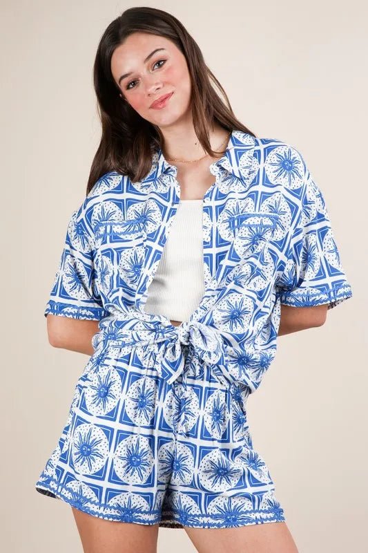 Plus Size Tropical Print Shirt and Shorts Set - AMVIM