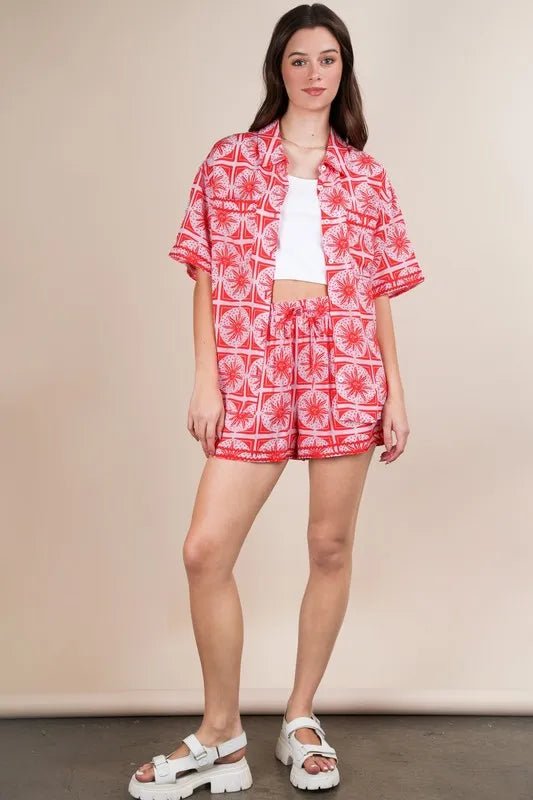 Plus Size Tropical Print Shirt and Shorts Set - AMVIM