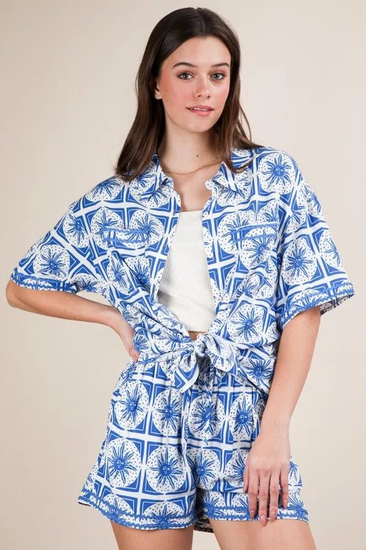 Plus Size Tropical Print Shirt and Shorts Set - AMVIM