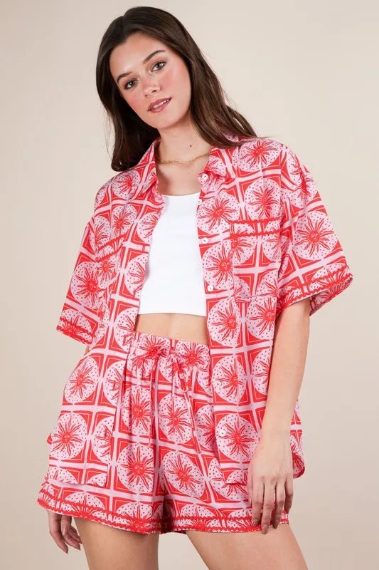 Plus Size Tropical Print Shirt and Shorts Set - AMVIM
