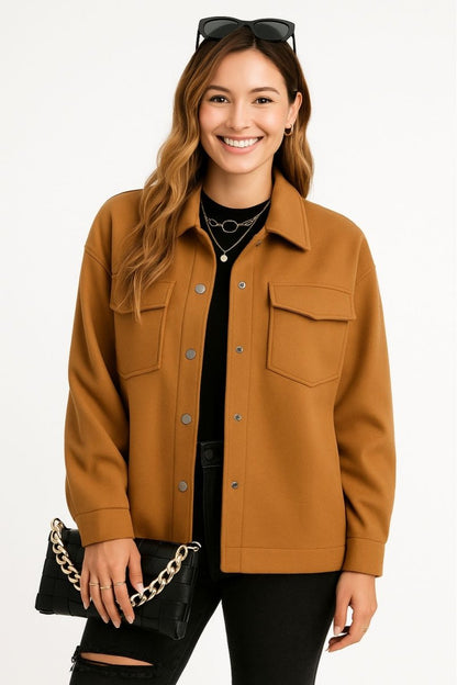 Pocketed Snap Down Dropped Shoulder Jacket - AMVIM