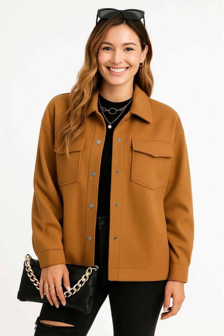 Pocketed Snap Down Dropped Shoulder Jacket - AMVIM
