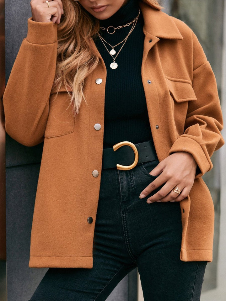 Pocketed Snap Down Dropped Shoulder Jacket - AMVIM