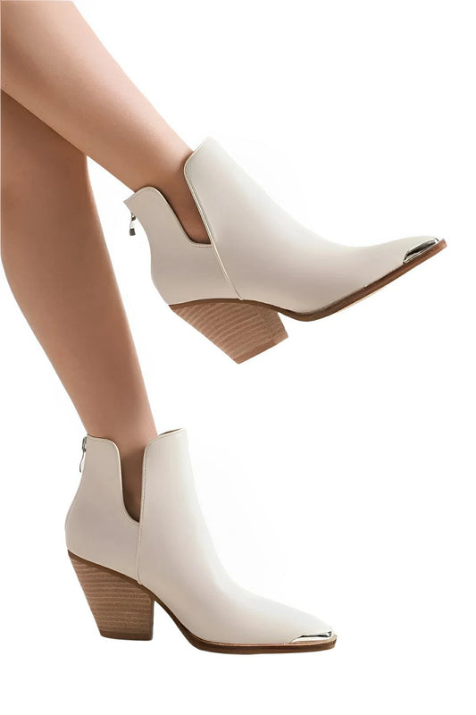 Pointed Toe Block Heel Ankle Boots With Metal Accent - AMVIM