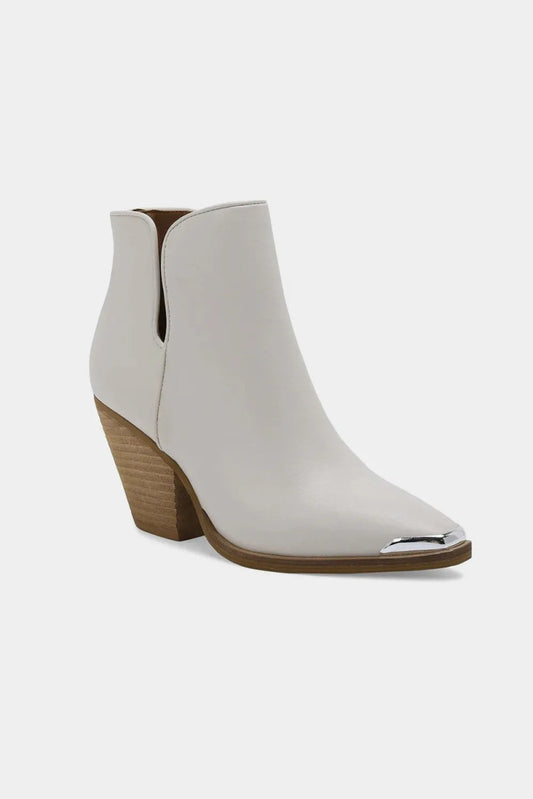 Pointed Toe Block Heel Ankle Boots With Metal Accent - AMVIM