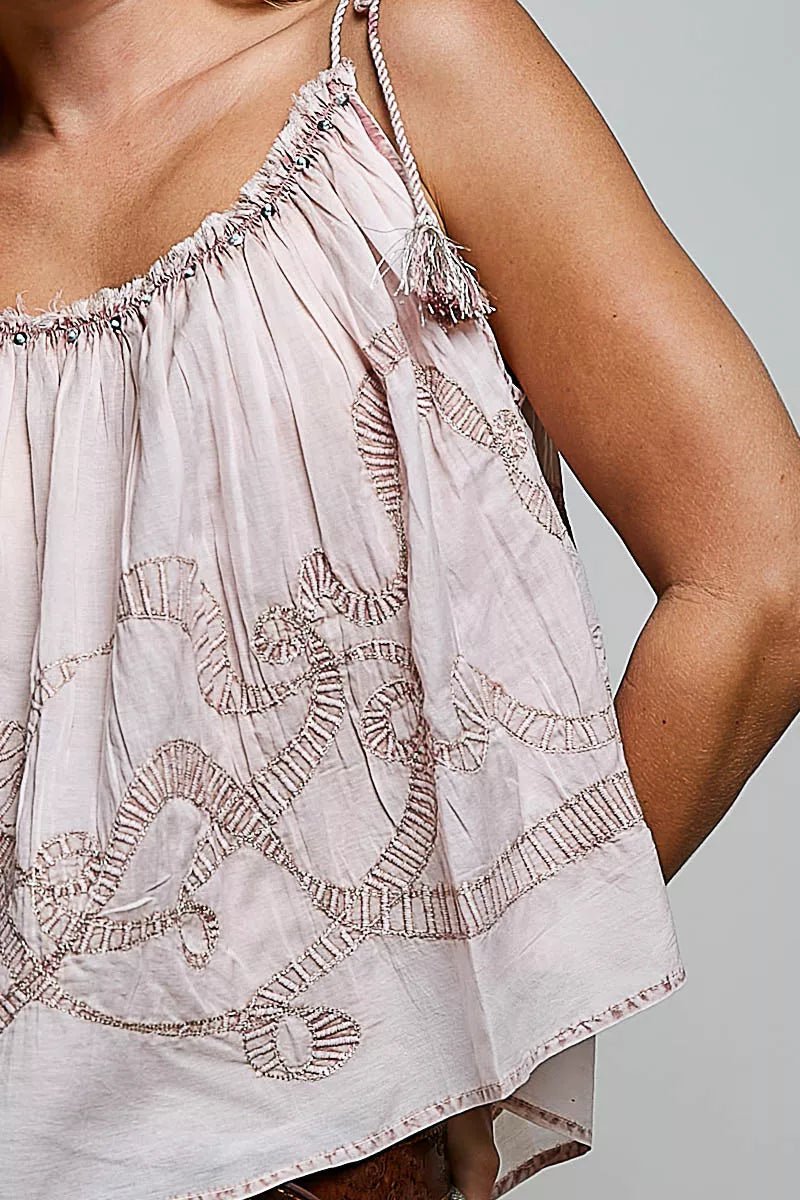 POL Tassel Shoulder Tie Embroidered Sleeveless Woven Top - AMVIM