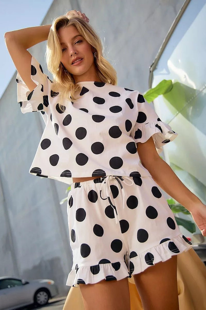 Polka Dot Ruffled Top and Shorts Set - AMVIM
