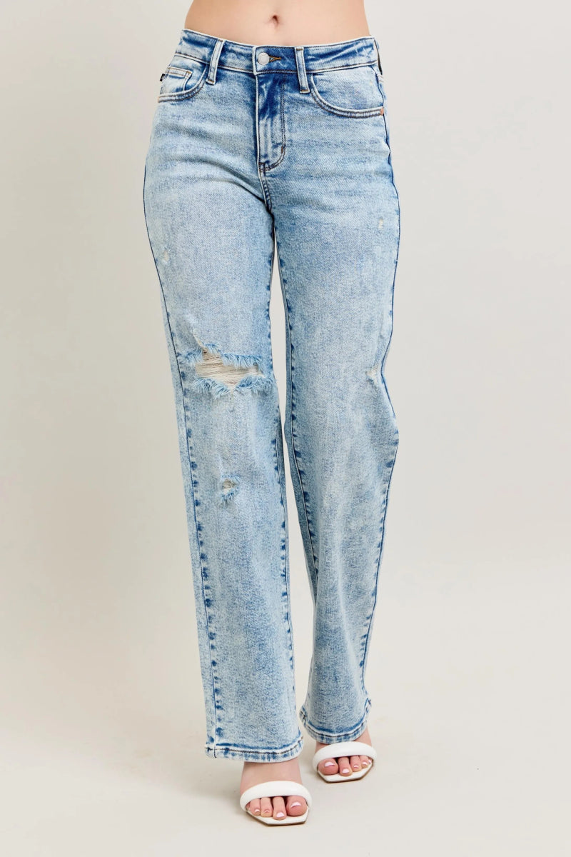 Premium Straight Leg High - Rise Jeans, Light Wash Look - AMVIM