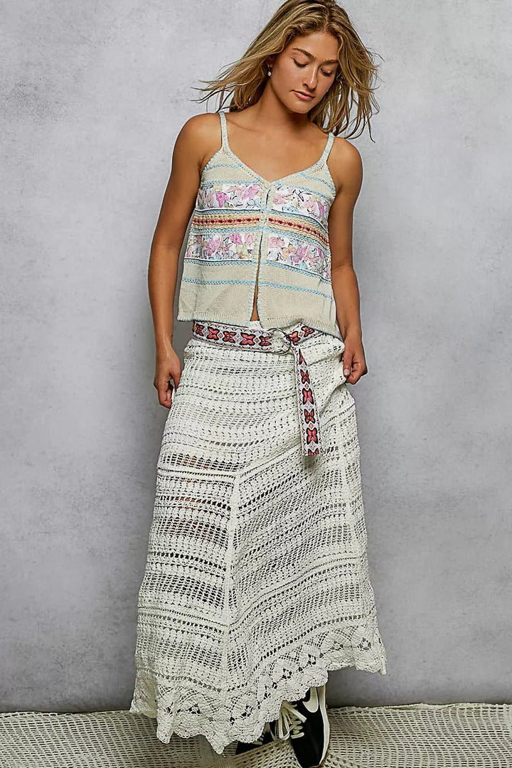 Printed Contrast Button-Down Cami with Trim and Blanket Stitch Detail - AMVIM