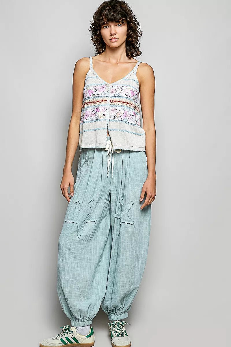 Printed Contrast Button-Down Cami with Trim and Blanket Stitch Detail - AMVIM