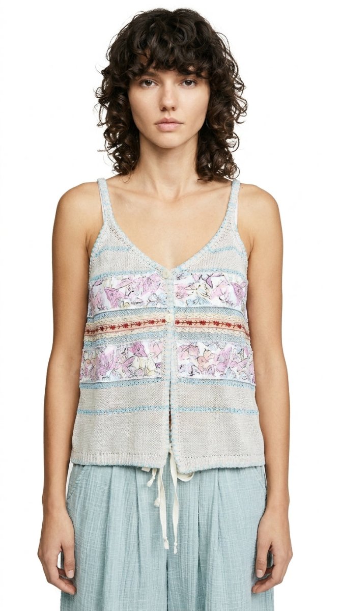 Printed Contrast Button-Down Cami with Trim and Blanket Stitch Detail - AMVIM