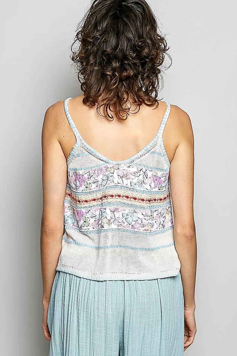 Printed Contrast Button-Down Cami with Trim and Blanket Stitch Detail - AMVIM