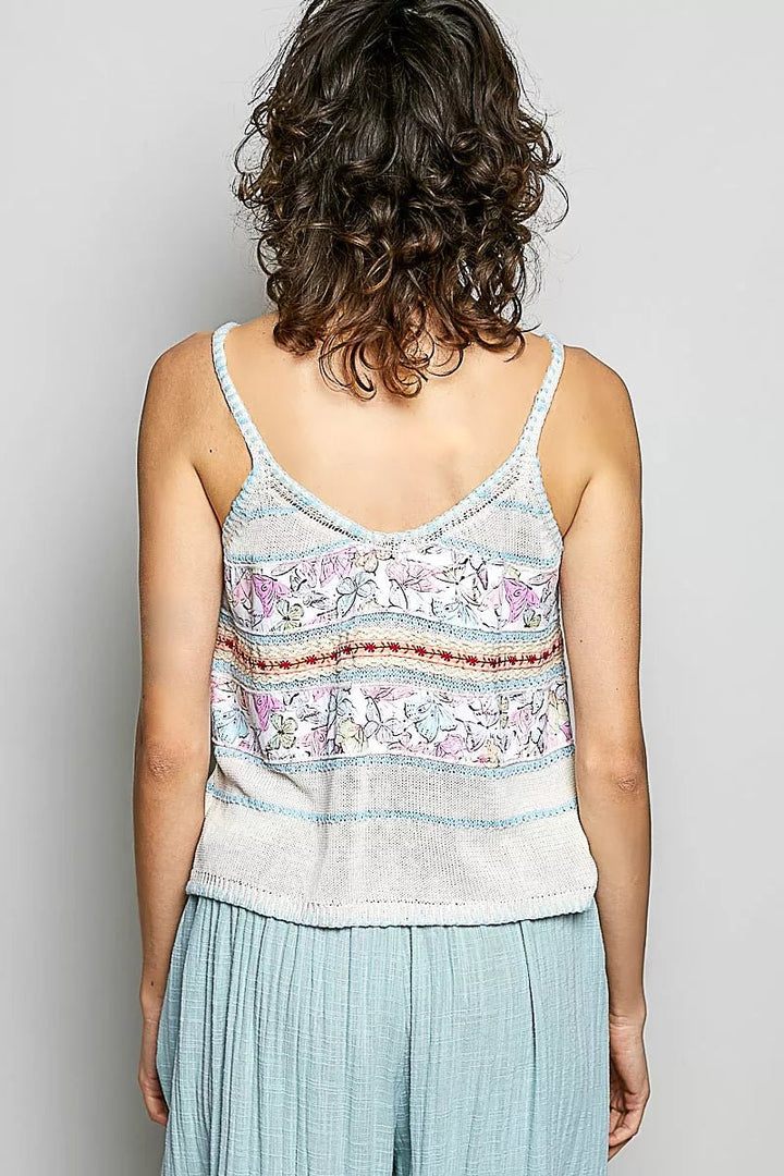 Printed Contrast Button-Down Cami with Trim and Blanket Stitch Detail - AMVIM