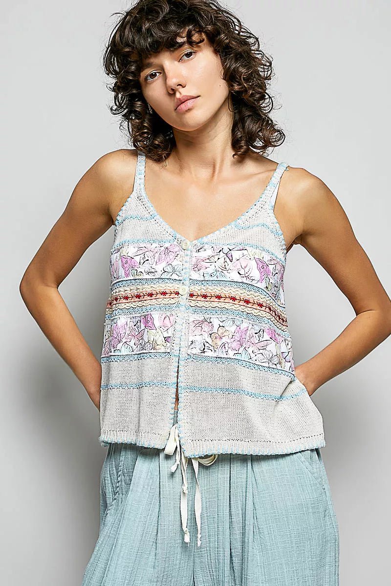 Printed Contrast Button-Down Cami with Trim and Blanket Stitch Detail - AMVIM