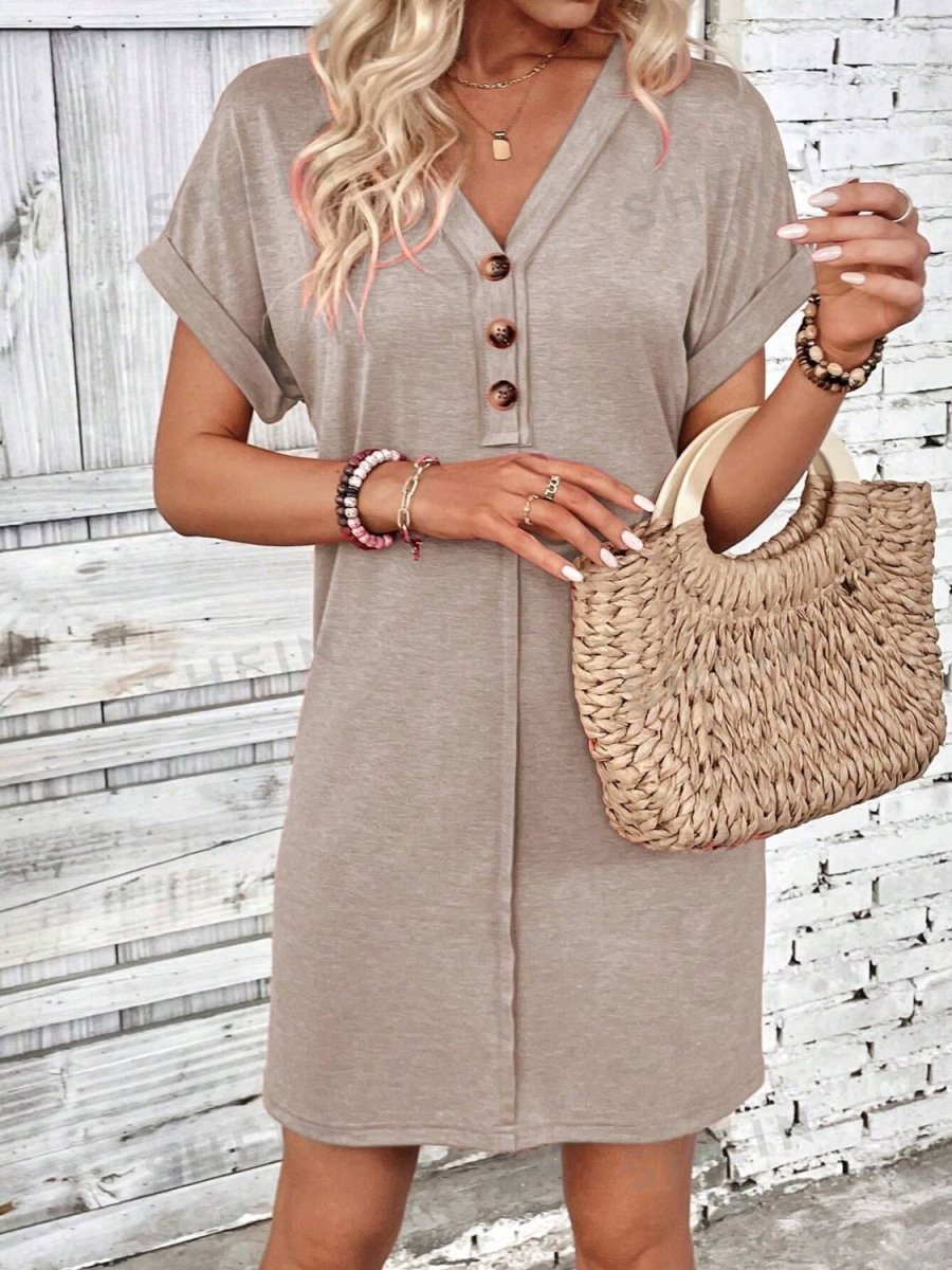 Quarter Button V - Neck Short Sleeve Dress - AMVIM