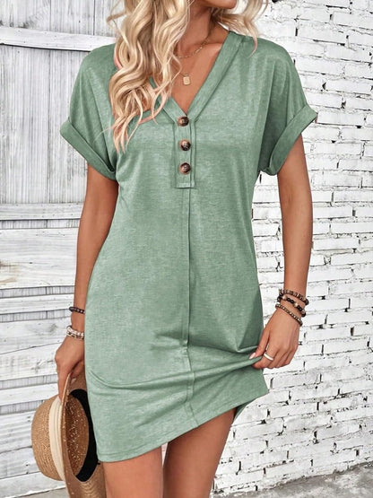 Quarter Button V - Neck Short Sleeve Dress - AMVIM