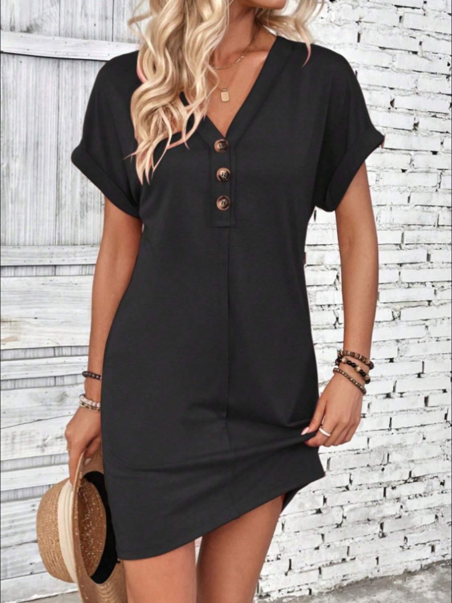 Quarter Button V - Neck Short Sleeve Dress - AMVIM