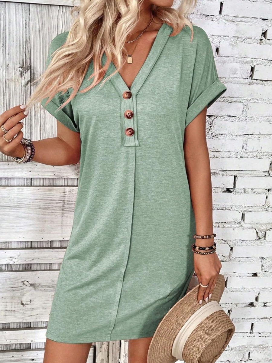 Quarter Button V - Neck Short Sleeve Dress - AMVIM