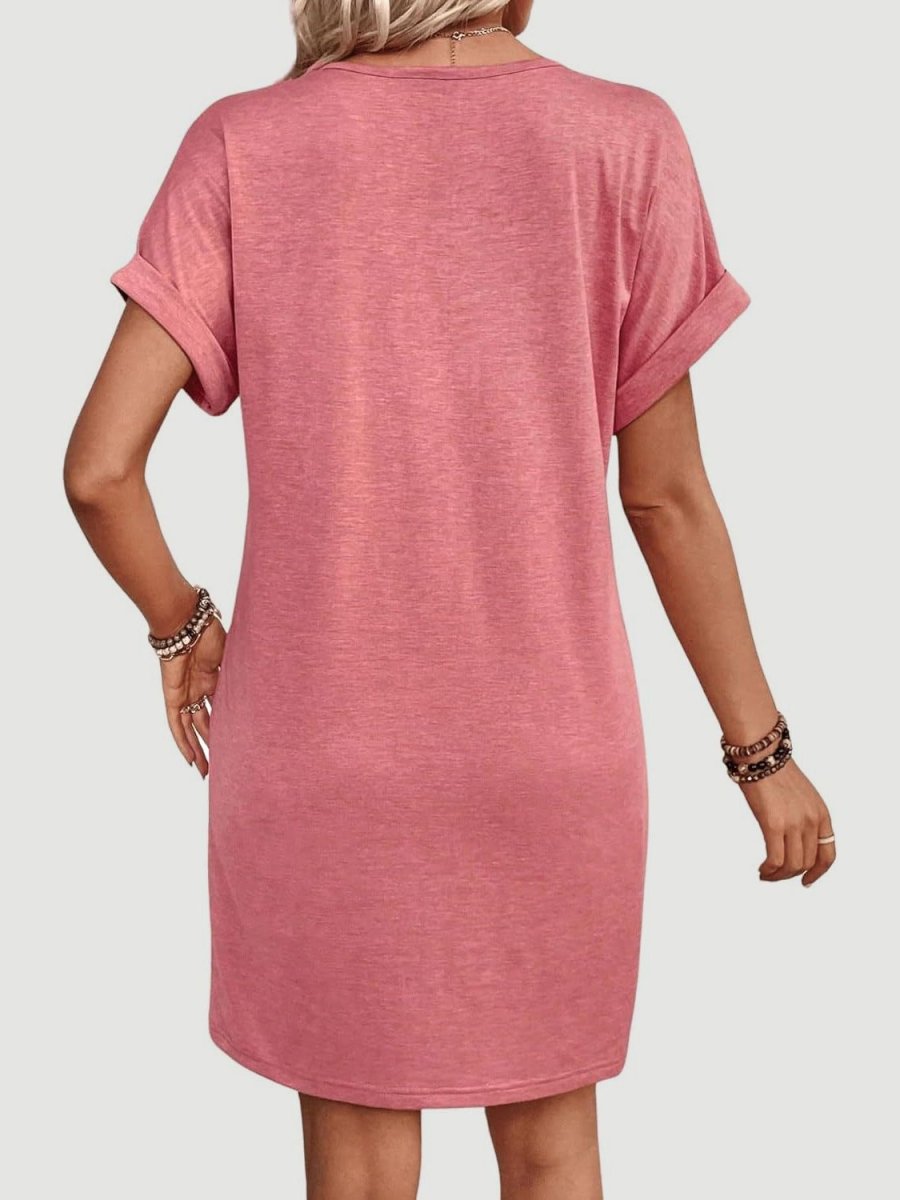 Quarter Button V - Neck Short Sleeve Dress - AMVIM