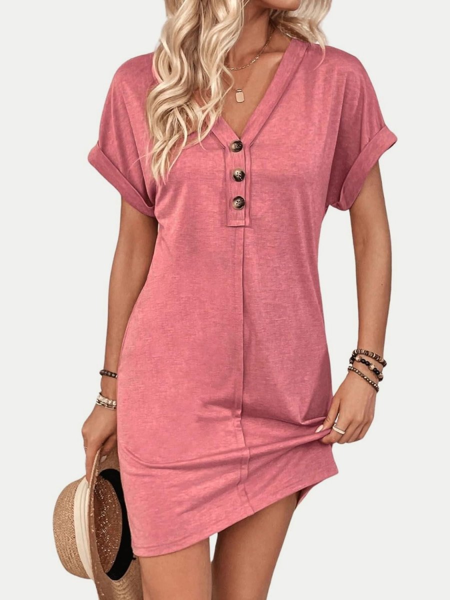 Quarter Button V - Neck Short Sleeve Dress - AMVIM