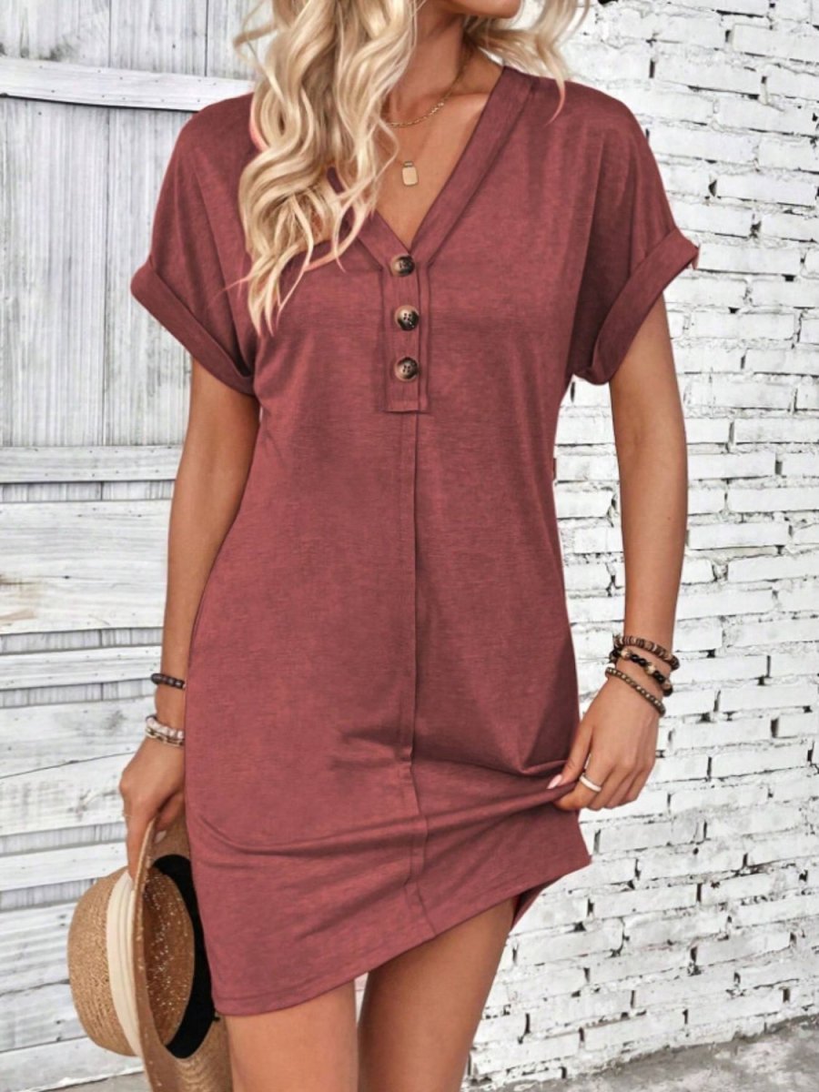 Quarter Button V - Neck Short Sleeve Dress - AMVIM