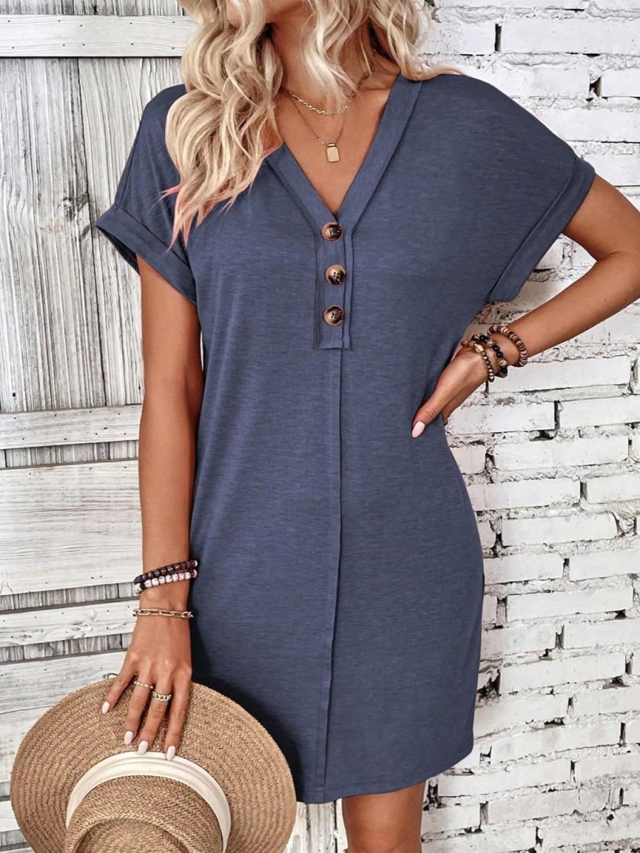 Quarter Button V - Neck Short Sleeve Dress - AMVIM