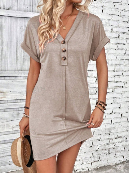 Quarter Button V - Neck Short Sleeve Dress - AMVIM