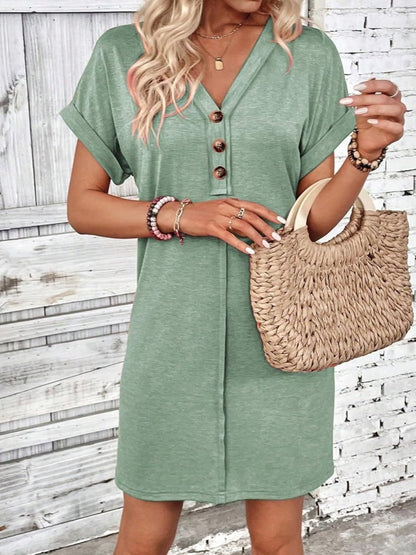 Quarter Button V - Neck Short Sleeve Dress - AMVIM