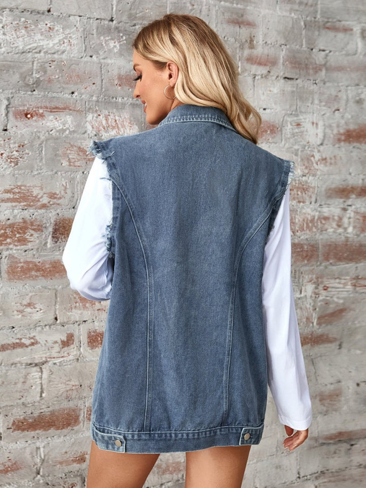 Raw Hem Sleeveless Button Up Denim Jacket - AMVIM