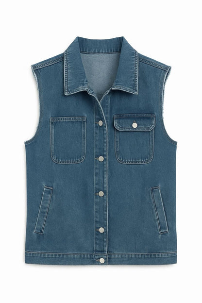 Raw Hem Sleeveless Button Up Denim Jacket - AMVIM