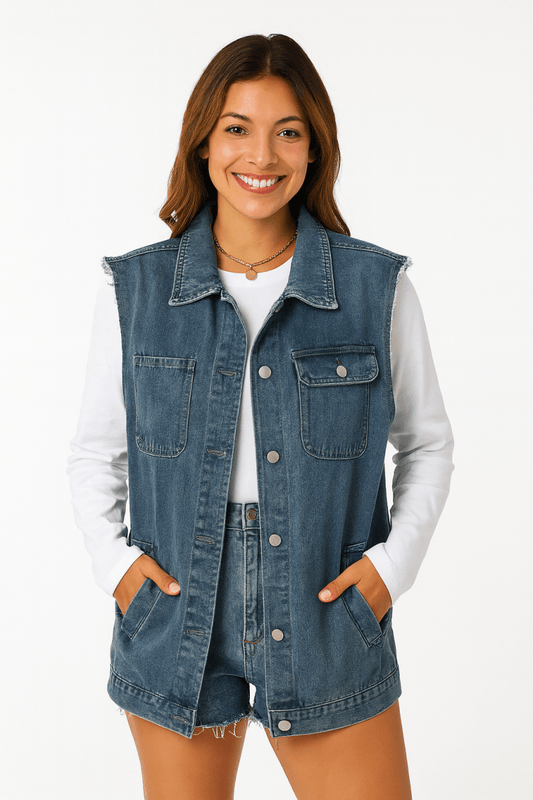 Raw Hem Sleeveless Button Up Denim Jacket - AMVIM