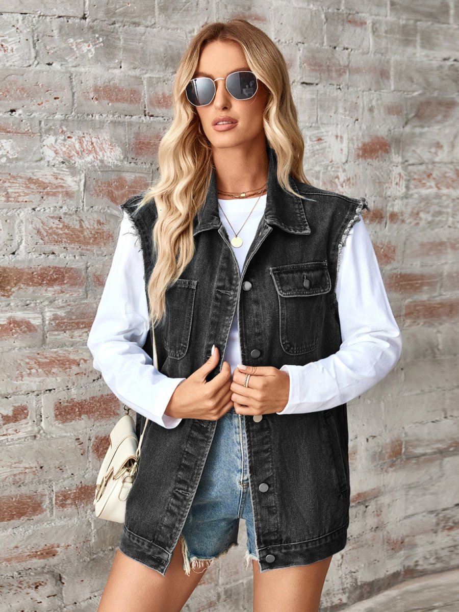 Raw Hem Sleeveless Button Up Denim Jacket - AMVIM