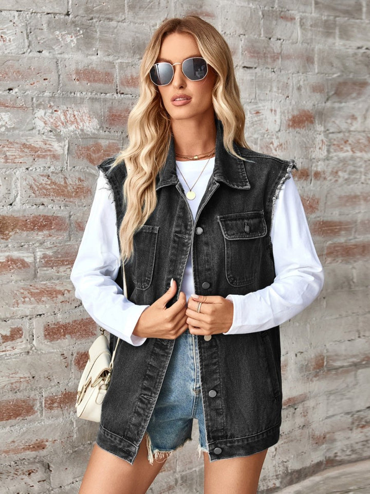 Raw Hem Sleeveless Button Up Denim Jacket - AMVIM