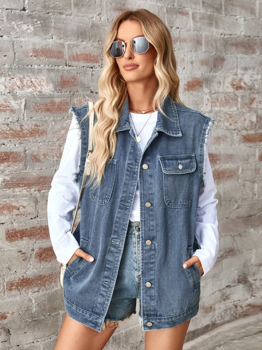 Raw Hem Sleeveless Button Up Denim Jacket - AMVIM