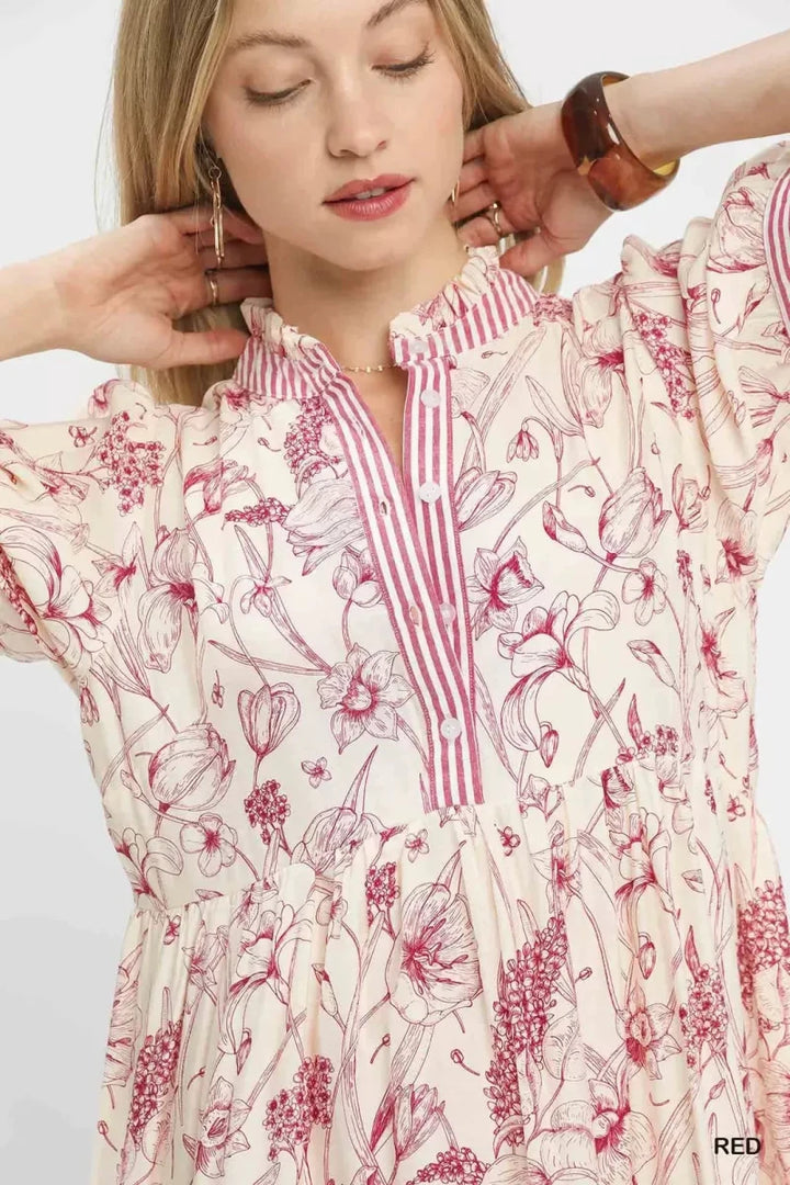 Red Floral Print Tiered Midi Dress - Ruffle Trim Women&