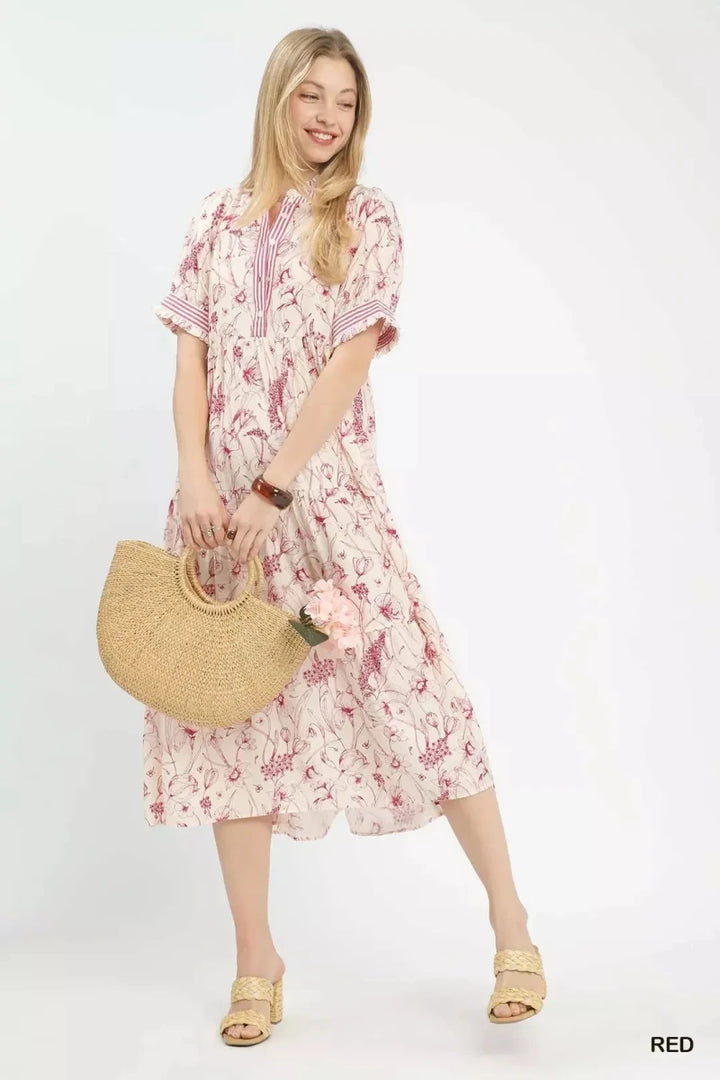 Red Floral Print Tiered Midi Dress - Ruffle Trim Women&