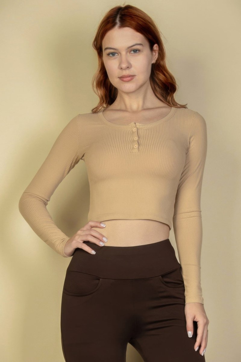 Ribbed Button Up Long Sleeve Crop Top - AMVIM