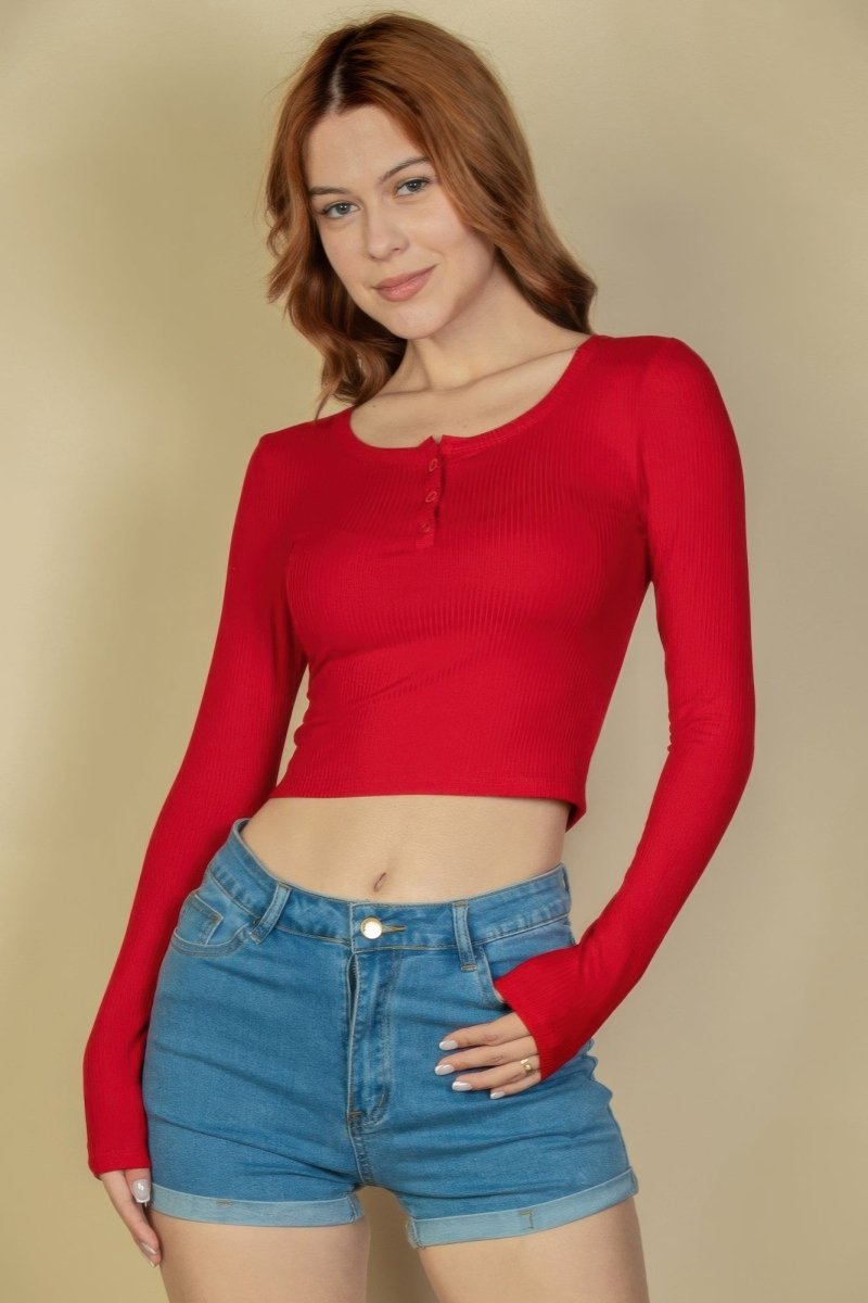 Ribbed Button Up Long Sleeve Crop Top - AMVIM