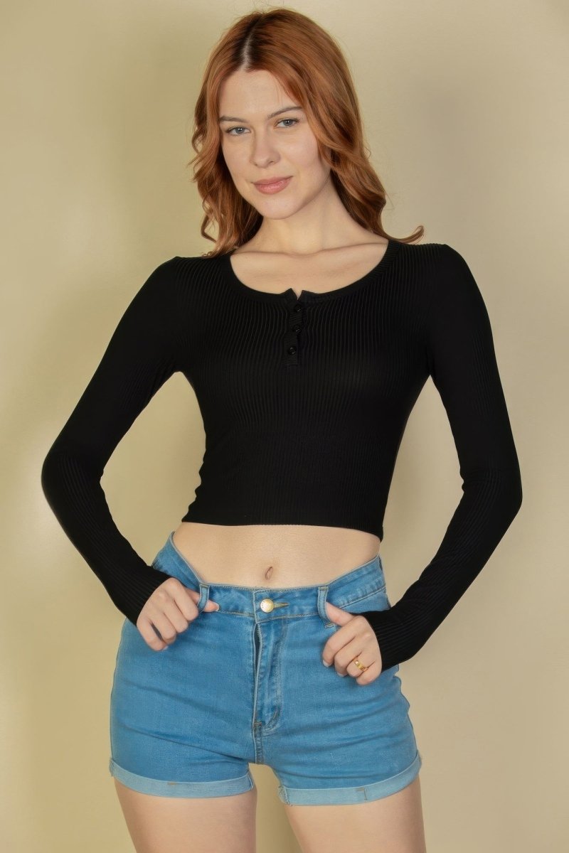 Ribbed Button Up Long Sleeve Crop Top - AMVIM