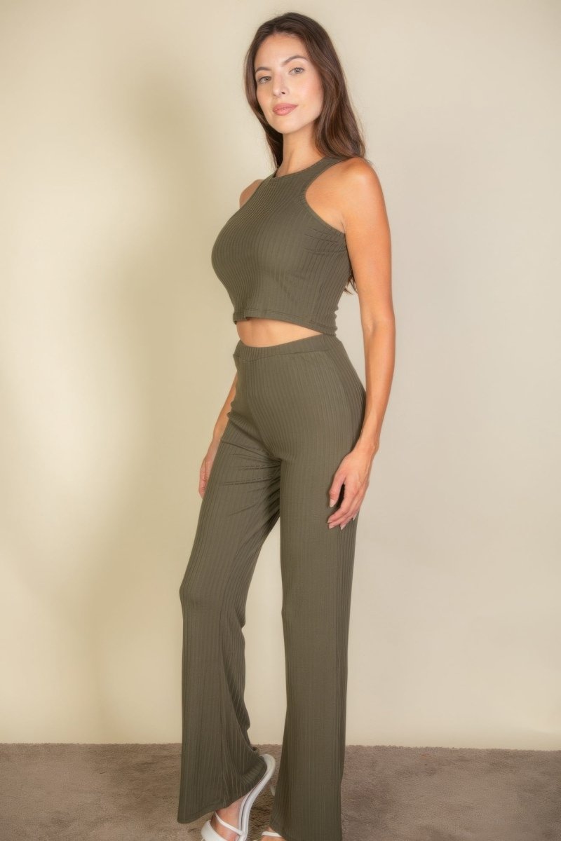 Ribbed Cropped Top And Bootcut Pants Sets - AMVIM