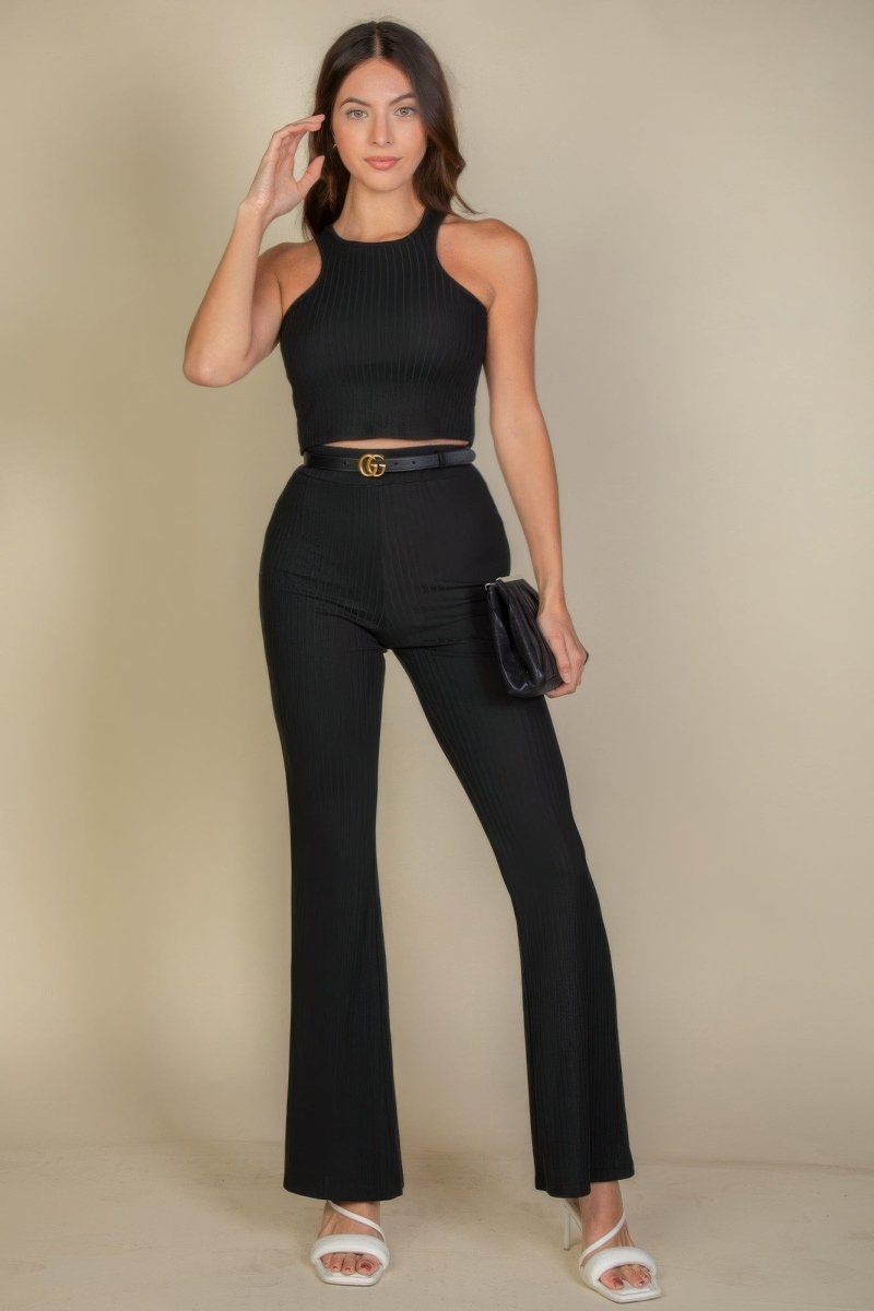 Ribbed Cropped Top And Bootcut Pants Sets - AMVIM