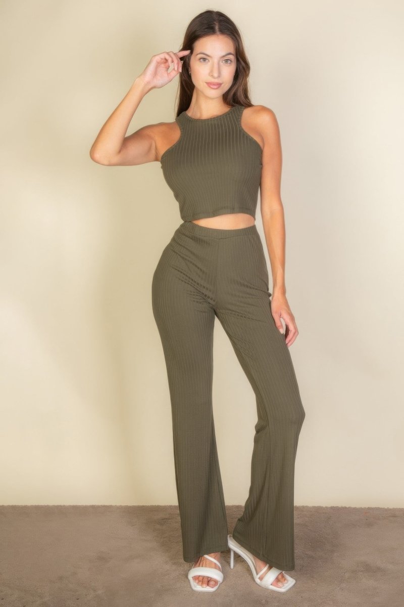 Ribbed Cropped Top And Bootcut Pants Sets - AMVIM