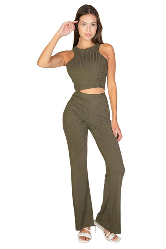 Ribbed Cropped Top And Bootcut Pants Sets - AMVIM