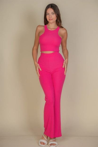 Ribbed Cropped Top And Bootcut Pants Sets - AMVIM