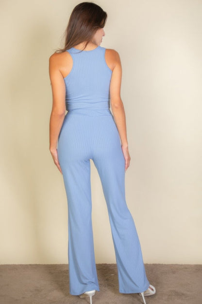 Ribbed Cropped Top And Bootcut Pants Sets - AMVIM