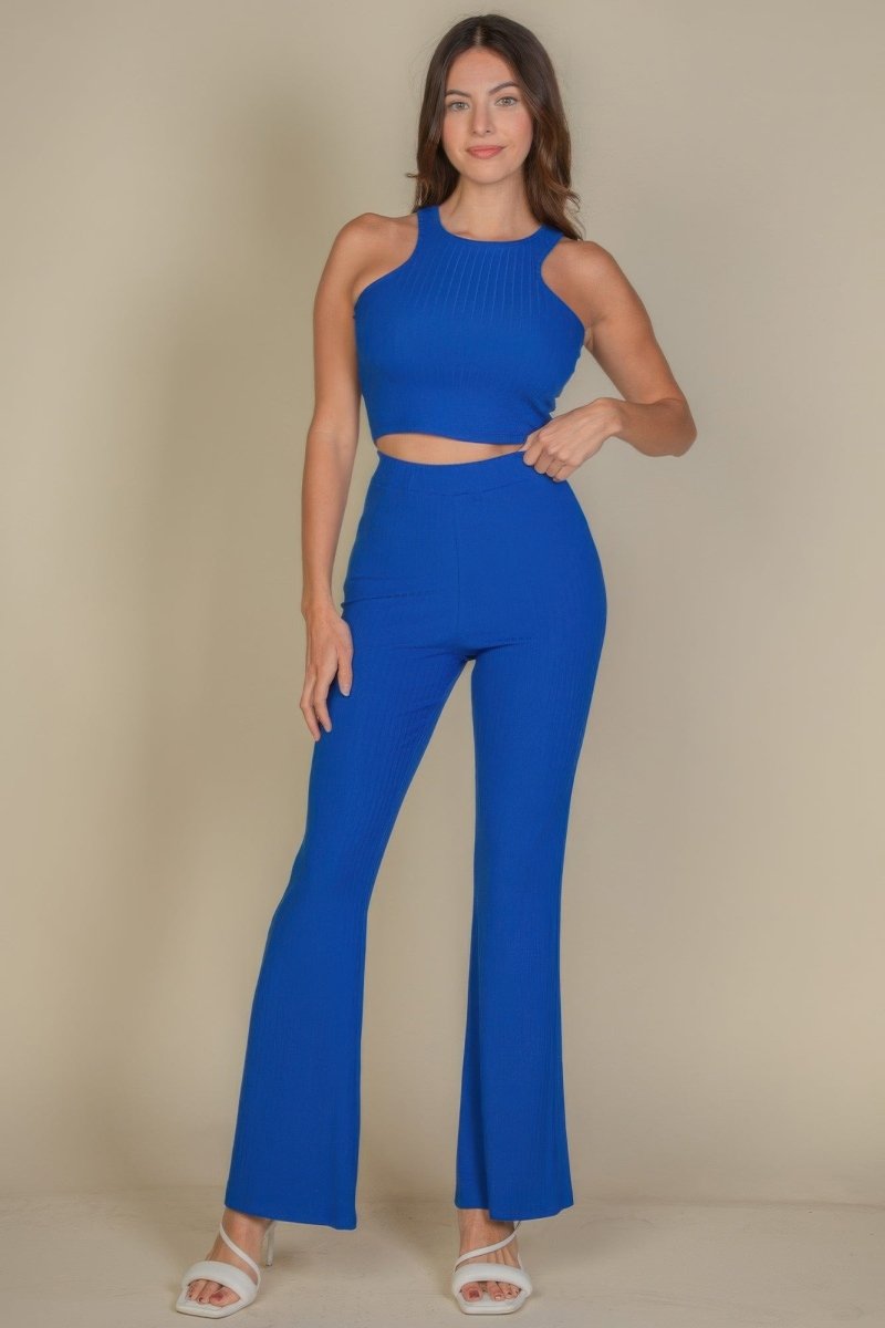 Ribbed Cropped Top And Bootcut Pants Sets - AMVIM