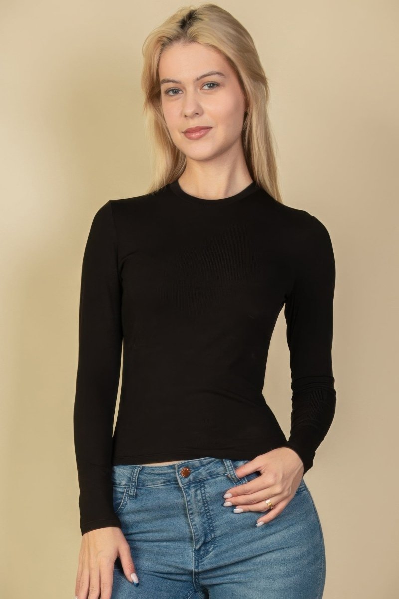 Ribbed Round Neck Long Sleeve Top - AMVIM